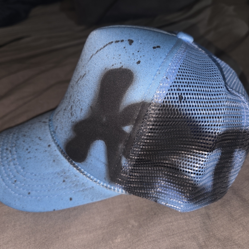 Blue Splatter Trucker Hat With Grafitti Art Style
